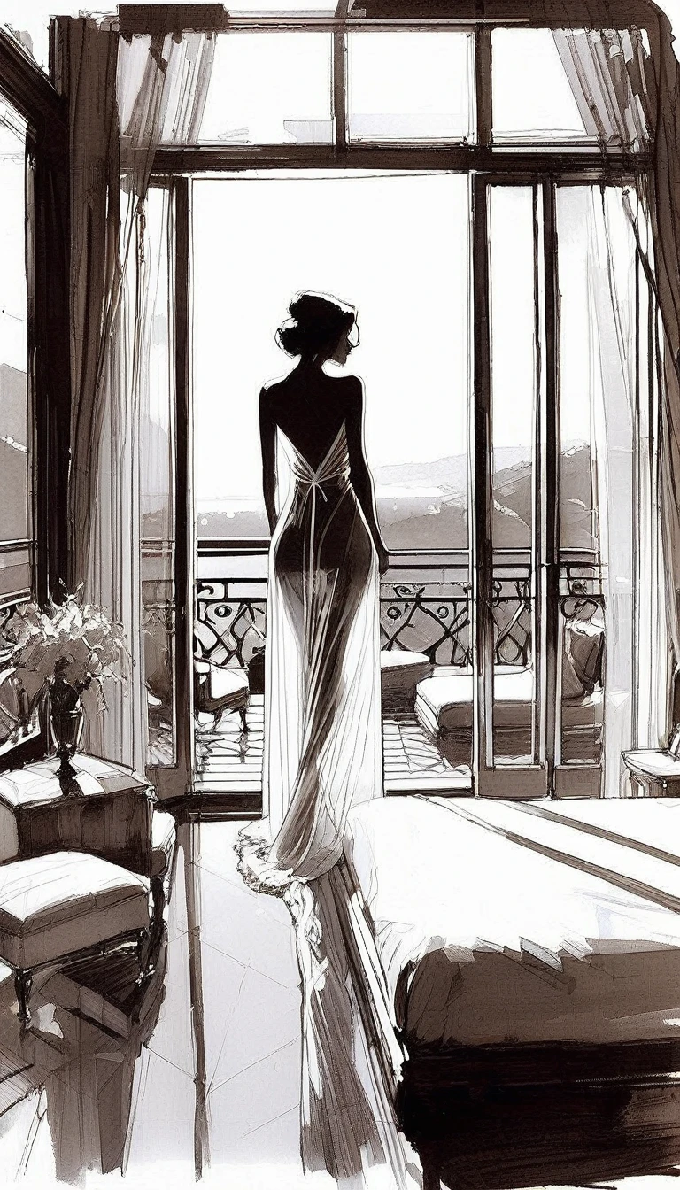 eroticism, sexy, transparent nightgown, luxurious room, luxurious bed, open terrace with views of the landscape, tmari, sketch, traditional media, pen drawing, white background (art inspired by Bill Sienkiewicz). oil painting)

