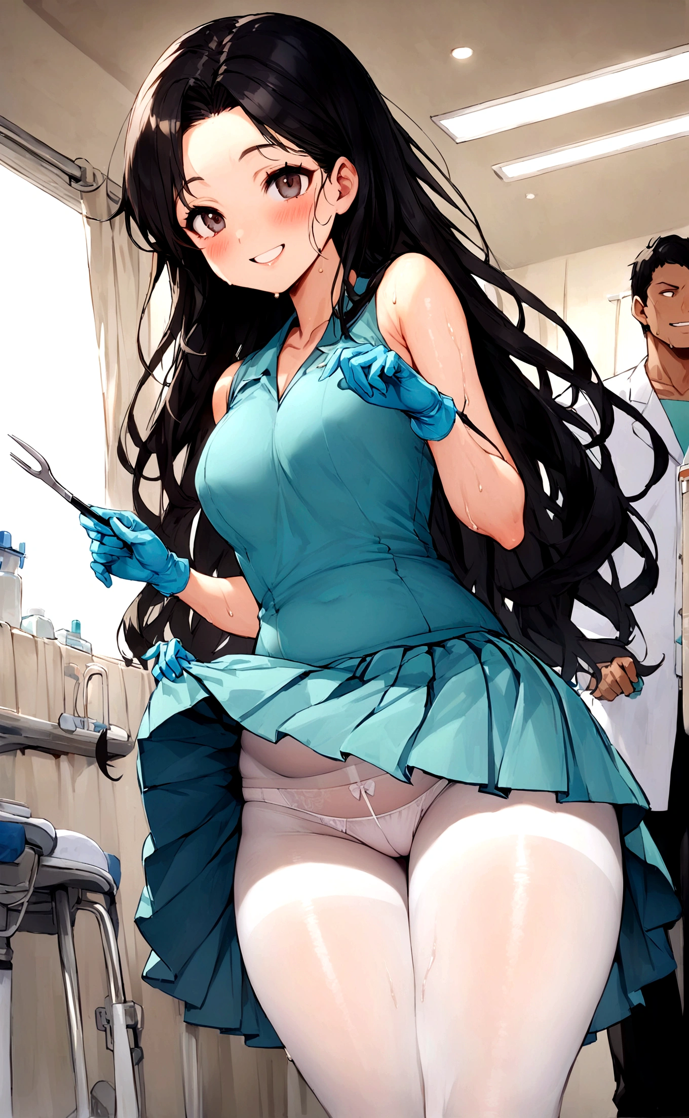 One Woman、One Man、The man is looking up her skirt、Beauty、Dental hygienist、Dental hygienistの制服、Dental Hospitals、Age 25、Skirt with slits、Large number of customers、long hair, Highest quality, Focus on the thighs, smile, Thin white pantyhose、panties under pantyhose、Plump thighs、Big Ass、Big 、 Black Hair,My thighs are steaming between the legs 、Sweaty thin white pantyhose、Rubber gloves、Holding tweezers