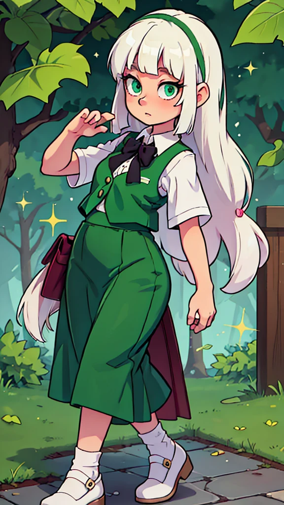 a teenage girl, temple guard, long white albino hair, her glitter green eye, she wears a white button-down blouse, underneath a short green button-down vest, a dark green maxi skirt with a black heel, carries a transparent katana.