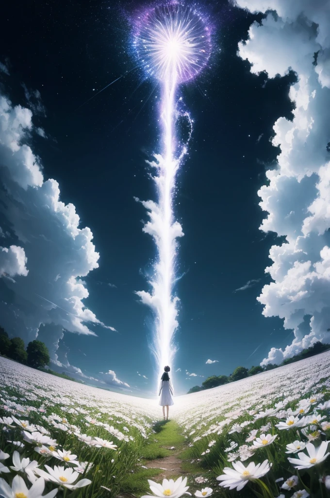 Light white flower anime scene falling into dark place, featured flower, magical realism,