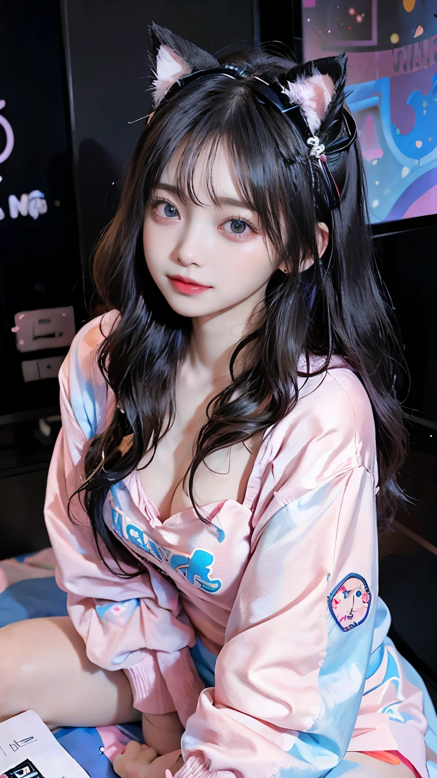 /imagine a beautiful anime girl live streaming from her room, with long black hair, big blue eyes, wearing a pink hoodie and a cute headset with cat ears, sitting in front of a modern computer setup with colorful LED lights, surrounded by plushies and posters on the wall, smiling and engaging with her audience, bright and cheerful atmosphere
