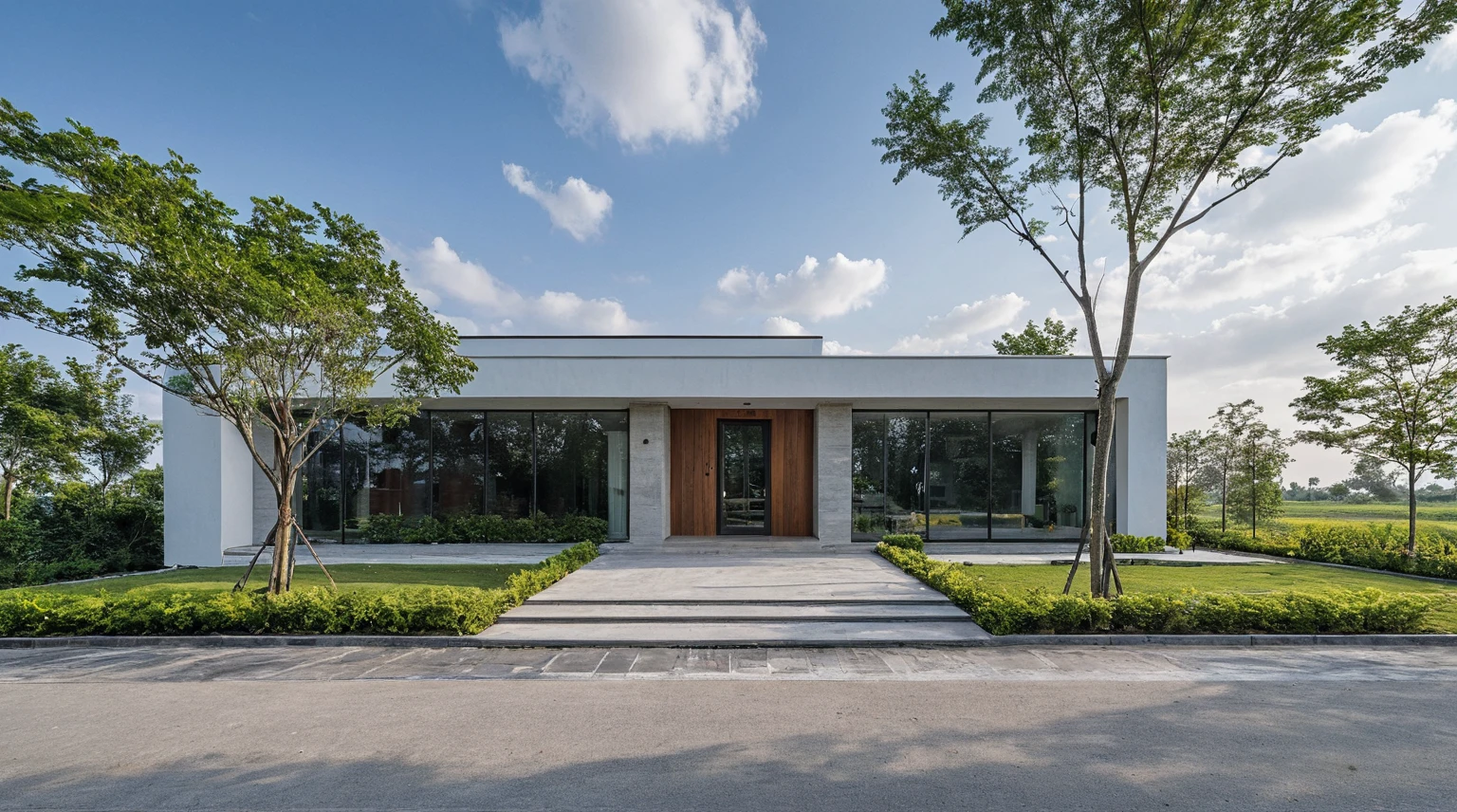 Masterpiece, high quality, best quality, authentic, super detail, outdoors, onestoreyvillaXL, aiaigroup, office style modern on the street ,stairs, red roof, glass door, white wall ,road,pavement, grass, trees, sky, cloud, (daylight:1.1)