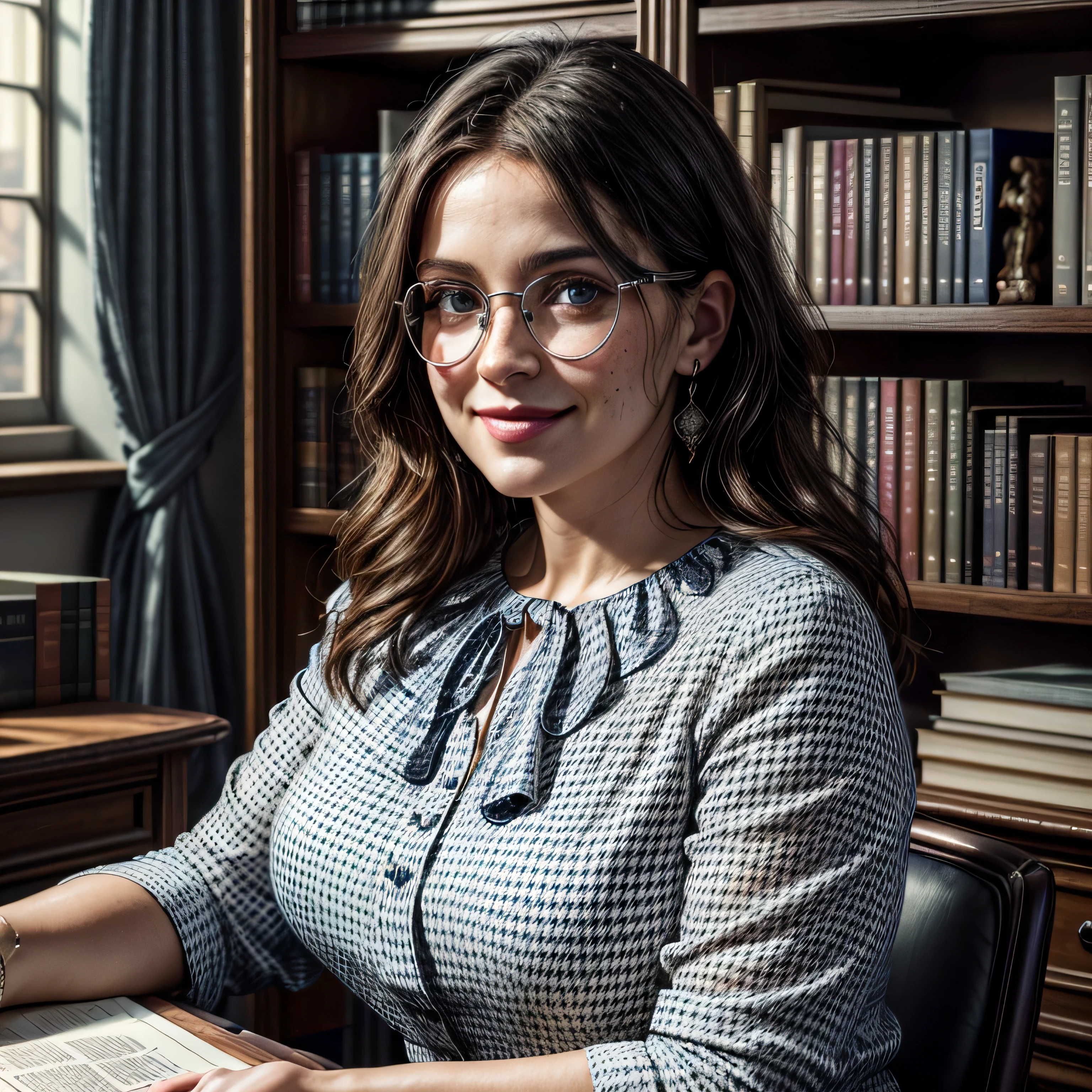 (masterpiece, photorealistic:1.4, extremely intricate:1.3), (photon mapping, radiosity, physically based rendering, ultra resolution, hyper-realistic, 8K), mature librarian, glasses, smiling, 40 years old, plus sized, big, [brown hair:dark hair tips:0.5] wearing a (blue white patterned blouse), houndstooth black white skirt, portrait, closeup, sitting at her desk in the library, books, dim lighting, shadows, makeup:1.2, [skin detail:freckles:0.7]
