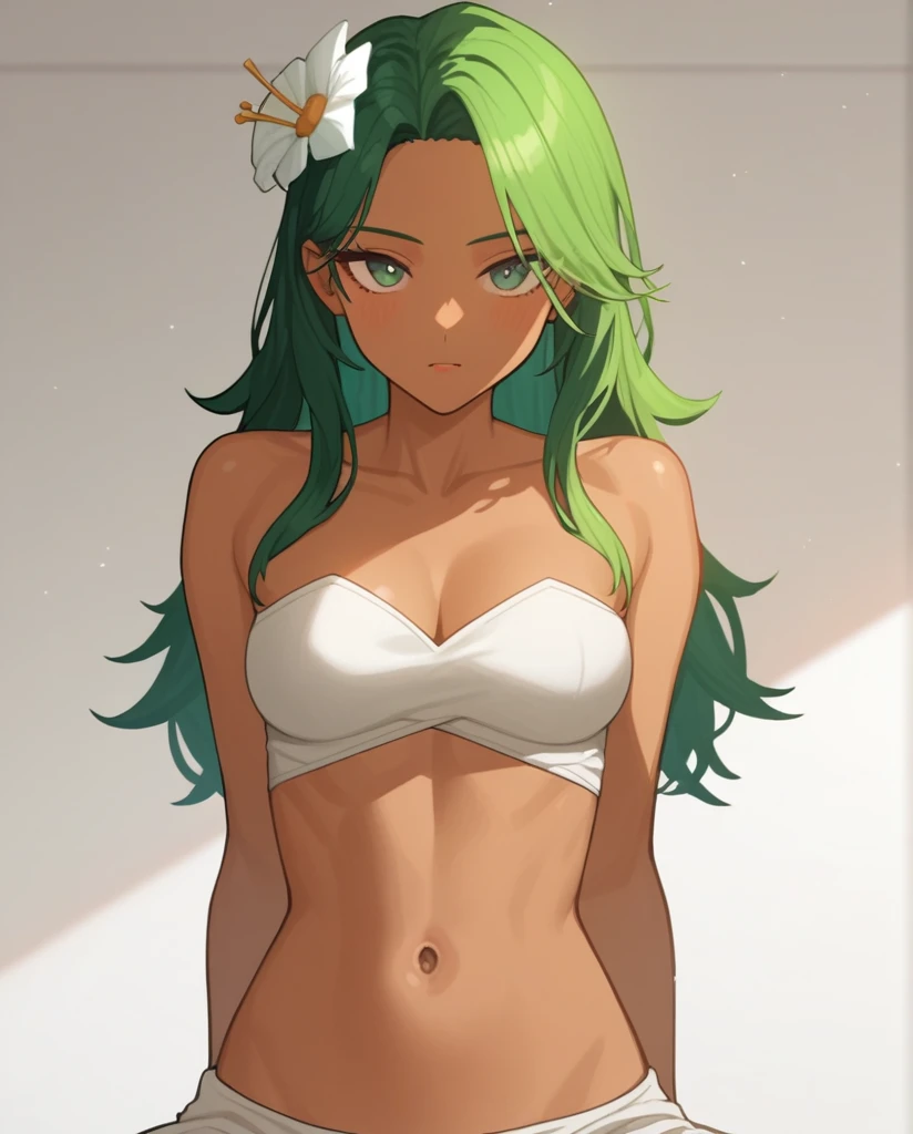 score_8_up, score_7_up, score_6_up, score_5_up, score_4_up, anime screenshot
11girl, solo, dark-skinned female, bare shoulders, green hair, amaliayoung, long hair, breasts, hair flower, navel, strapless,
sitting, upper body, looking at viewer,