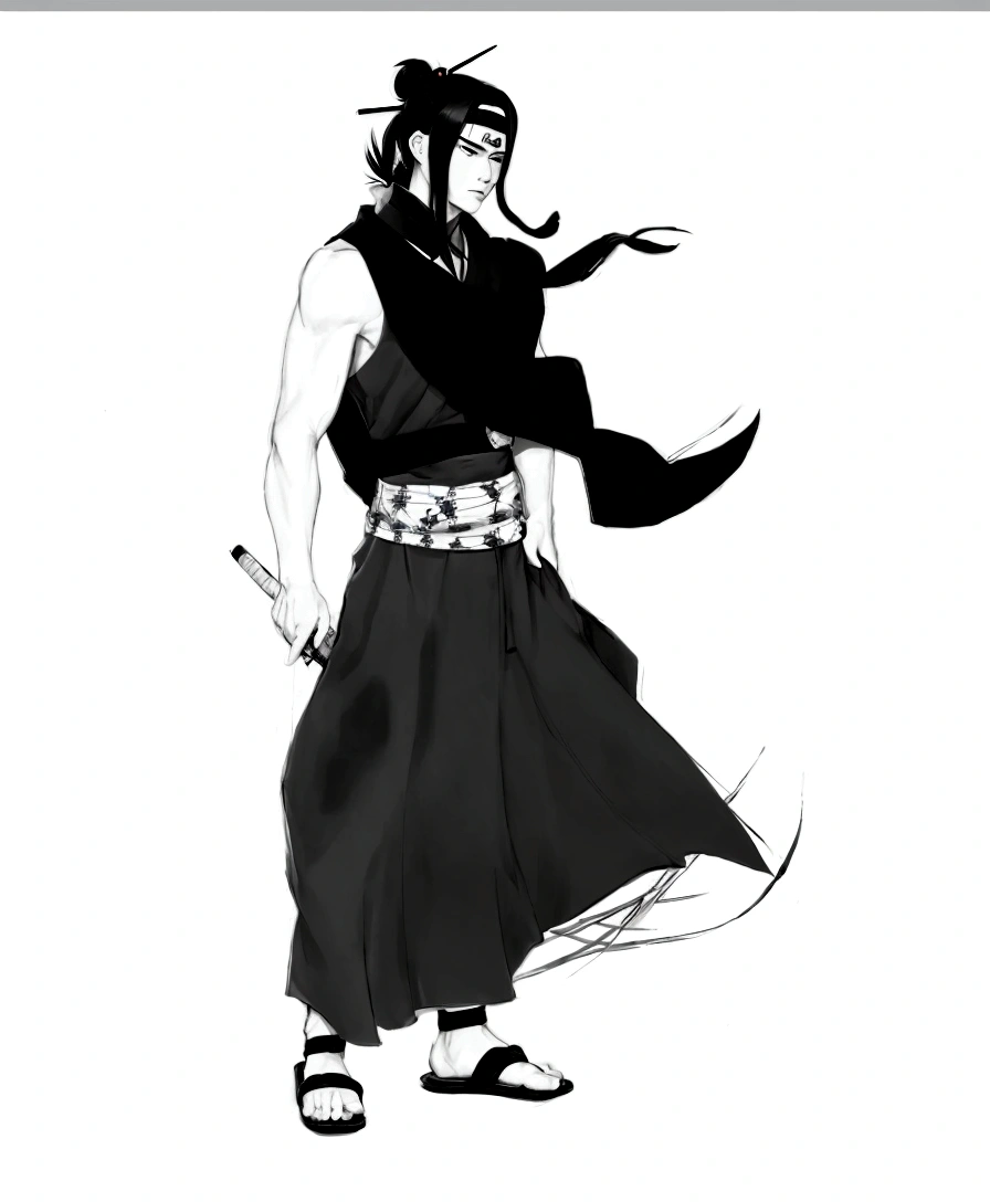a drawing of a young man in a school kimono, full body concept, dressed with long fluent clothes, using a scarf, long hair using a kanszashi stick in the hair to hold the hair bun decorated with a red ribbon and a feather, wear socks and sandals, strong, exposed arms, holding a socket adaga inspirada na arma do personagem asuma Sarutobi na mão direita, look serious and worried, holding a socket/kunai in right hand pointing backwards, holding a dagger in his right hand with a socket, holding tekko socket weapon inspired by the kunai of the character Asuma from Naruto