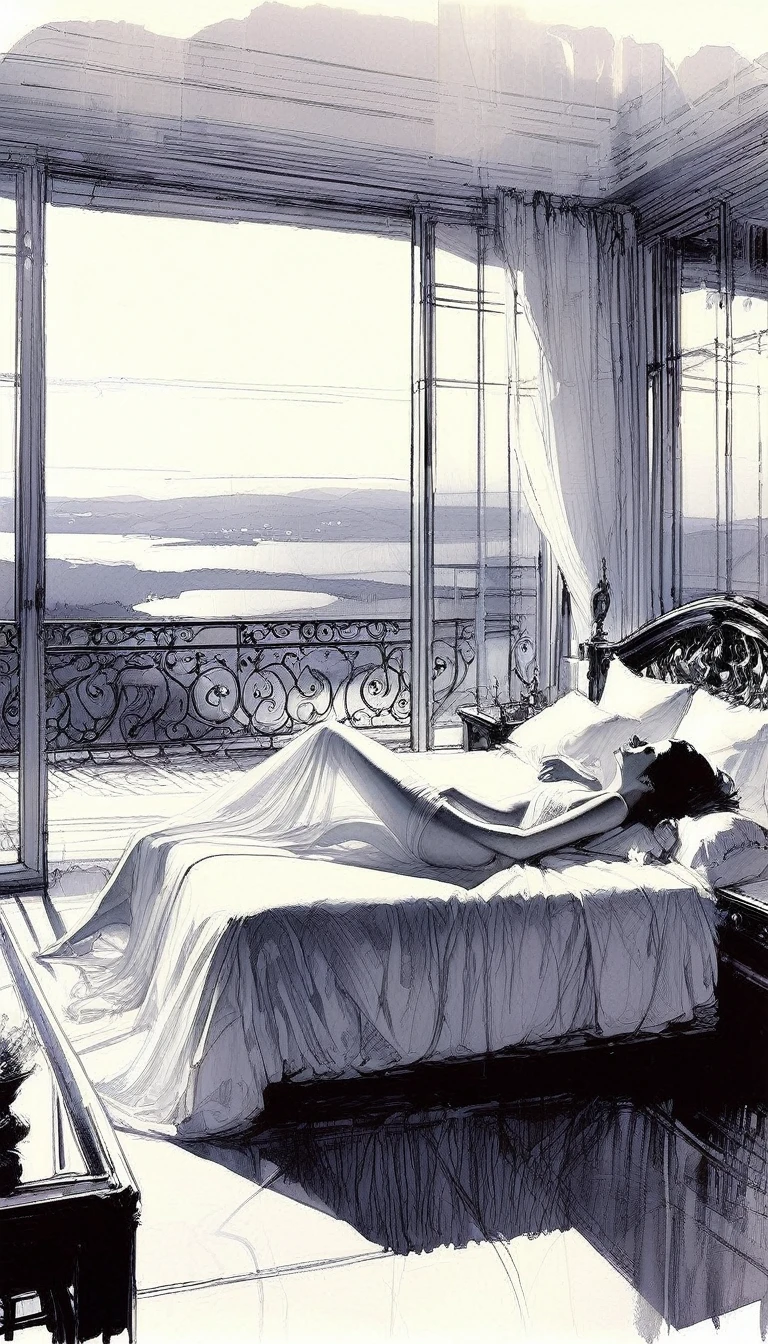 eroticism, sexy, transparent nightgown, luxurious room, luxurious bed, open terrace with views of the landscape, tmari, sketch, traditional media, pen drawing, white background (art inspired by Bill Sienkiewicz). oil painting)