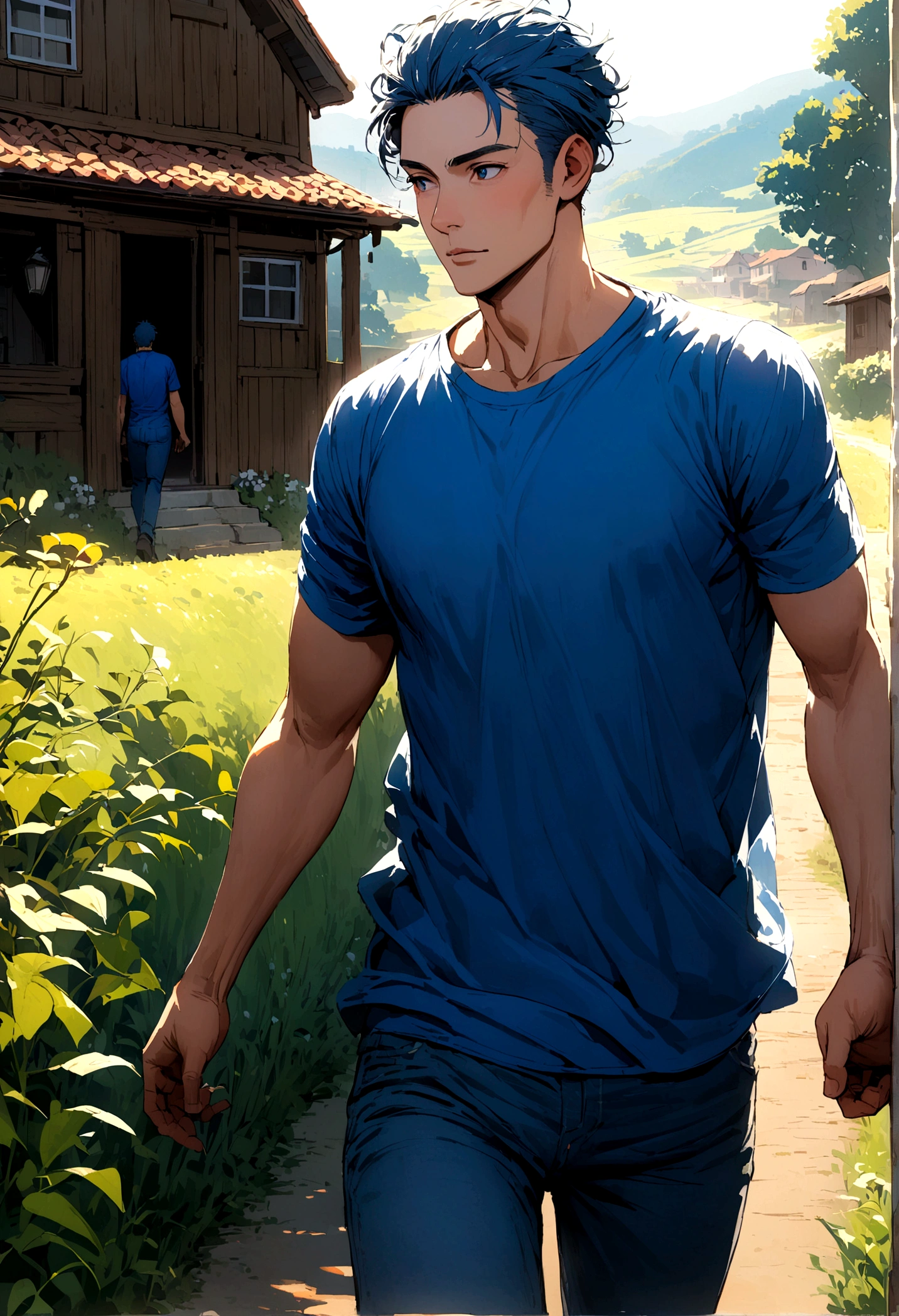 man in blue t-shirt and jeans arriving at his house in the countryside