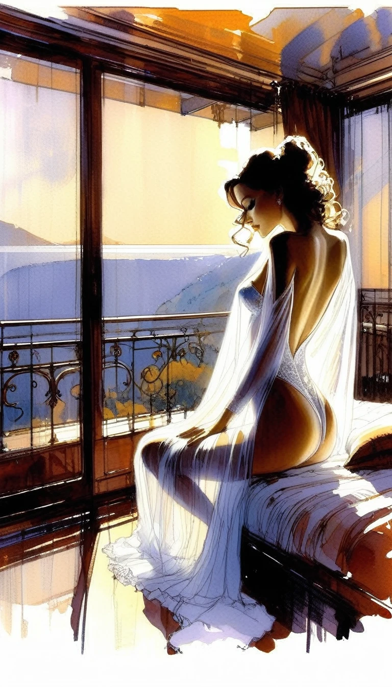 eroticism, sexy, transparent nightgown, luxurious room, luxurious bed, open terrace with views of the landscape, tmari, sketch, traditional media, pen drawing, white background (art inspired by Bill Sienkiewicz). oil painting)
