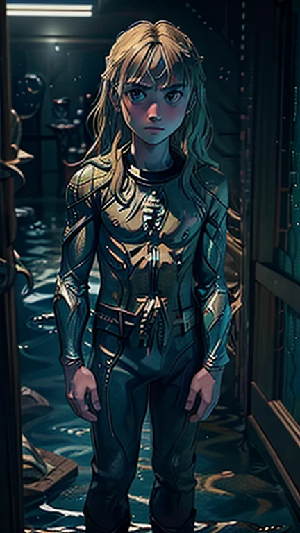 best quality,masterpiece,1boy,solo,(((15years old))),japanese boy,an extremely cute and handsome boy,highly detailed beautiful face and eyes,petit,cute face,lovely face,baby face,shy smile,show teeth,Blonde hair,long hair,flat chest,skinny,slender,(((wearing a Aquaman costume)),(((standing in reelunsettling dark indoors room))),he is looking at the viewer,