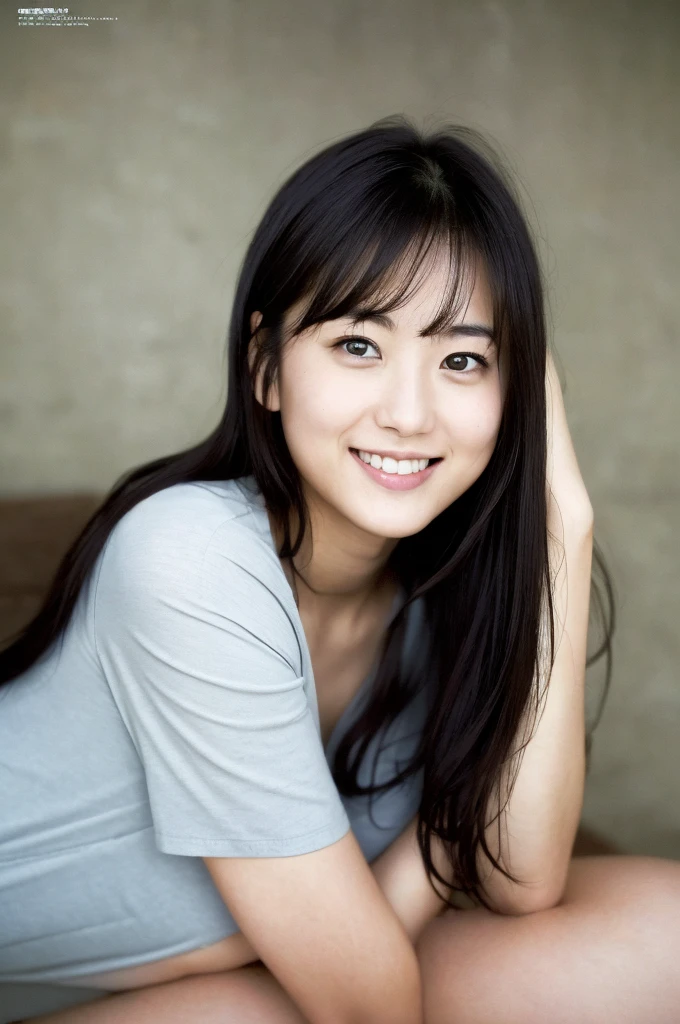 (((One girl,alone))),(Highly realistic photos, High resolution, Detailed face, Beautiful Eyes) Japanese women, 21 years old, Cute face, alone:1, Nice body, Plump figure, Medium chest, ,Hairstyle, Very closely tied, Take a photo book,Dark Sky、darkness、Blade Runner,shirt、Leg spread,Healthy Body,smile