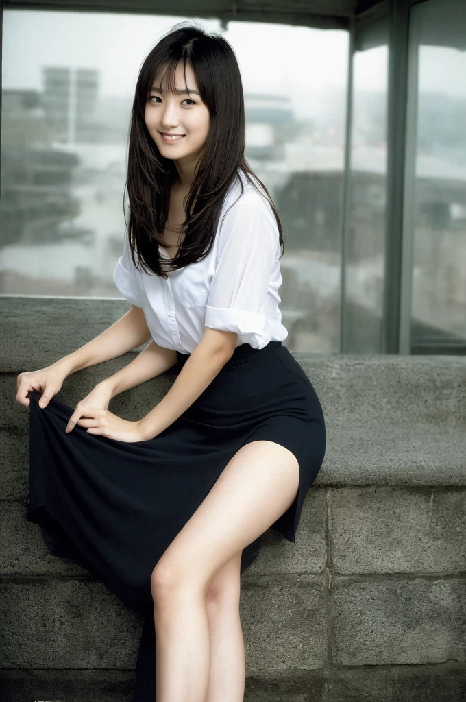 (((One girl,alone))),(Highly realistic photos, High resolution, Detailed face, Beautiful Eyes) Japanese women, 21 years old, Cute face, alone:1, Nice body, Plump figure, Medium chest, ,Hairstyle, Very closely tied, Take a photo book,Dark Sky、darkness、Blade Runner,shirt、Leg spread,Healthy Body,smile