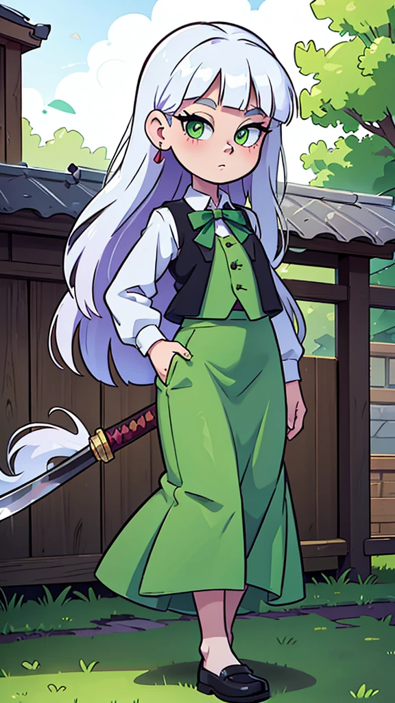 a  girl, temple guard, long white albino hair, her glitter green eye, she wears a white button-down blouse, underneath a short green button-down vest, a dark green maxi skirt with a black heel, carries a transparent katana. 