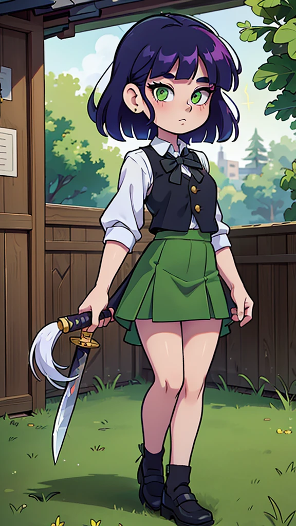 a  girl, temple guard, long white albino hair, her glitter green eye, she wears a white button-down blouse, underneath a short green button-down vest, a dark green maxi skirt with a black heel, carries a transparent katana. 