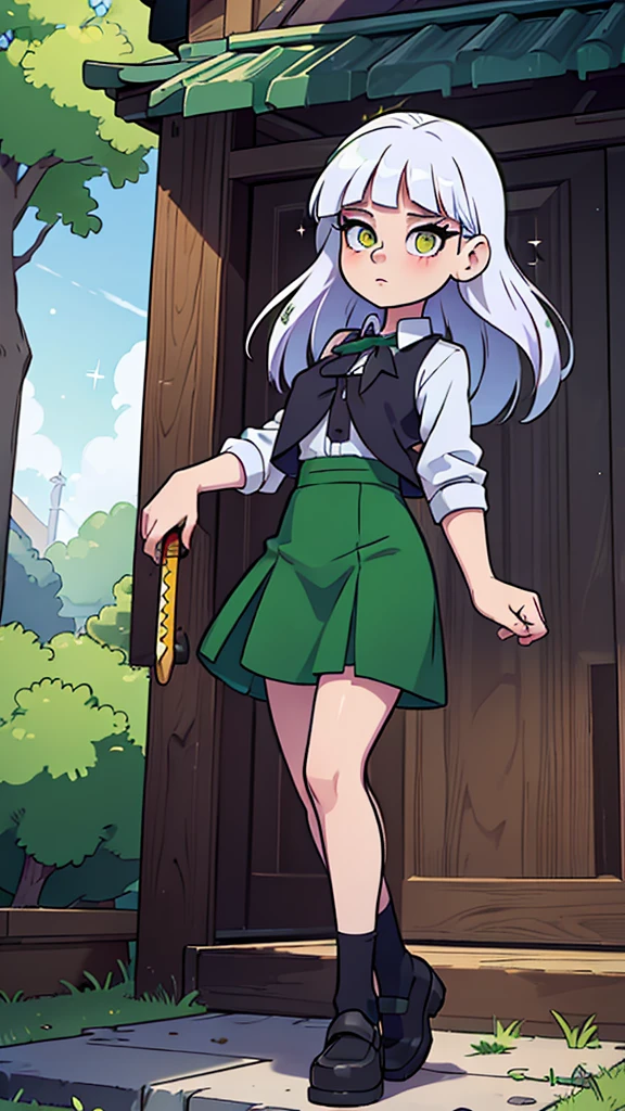 a teenage girl, temple guard, long white albino hair, her glitter green eye, she wears a white button-down blouse, underneath a short green button-down vest, a dark green maxi skirt with a black heel, carries a transparent katana. 