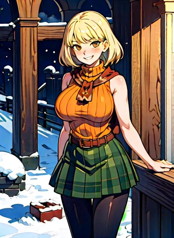 4k, fine detail, masterpiece, high quality eyes, high detail painting, soft shadows, best character art , 1 girl, solo girl, half nude, open clothes,massive breasts, brown eyes, smile, blush,mischievous grin, blonde hair,  bangs, red scarf, orange sweater, sleeveless turtleneck, green miniskirt, belt, pantyhose, castle, castle ruins, snow, clouds  