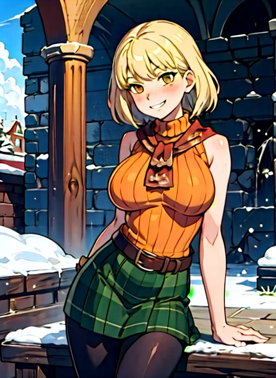 4k, fine detail, masterpiece, high quality eyes, high detail painting, soft shadows, best character art , 1 girl, solo girl, half nude, open clothes,massive breasts, brown eyes, smile, blush,mischievous grin, blonde hair,  bangs, red scarf, orange sweater, sleeveless turtleneck, green miniskirt, belt, pantyhose, castle, castle ruins, snow, clouds  