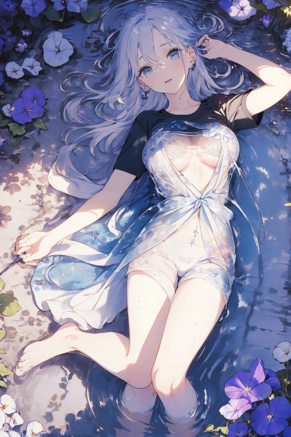 (water photo:1.1,simple t-shirt, in blue waterfront garden:1.5), Masterpiece, best quality, (very detailed CG unity 8k wallpaper), (best quality), High definition RAW color art, Animation,sculptures, (black Marble Skin), (((Ultra detailed elegant))), Magical atmosphere, Detailed skin, Texture,(Intricately detailed, Fine detail, ultra-detail art), depth of fields, bokeh, Silky Touch, Hyper Detail, beautiful eyes, Elegant Face, (lying on pastel white waterfront, morning glory), sparkle background, enormous breast:1.3, (silver hair), pastel purple, embarrassing smiley face, wide open udder
