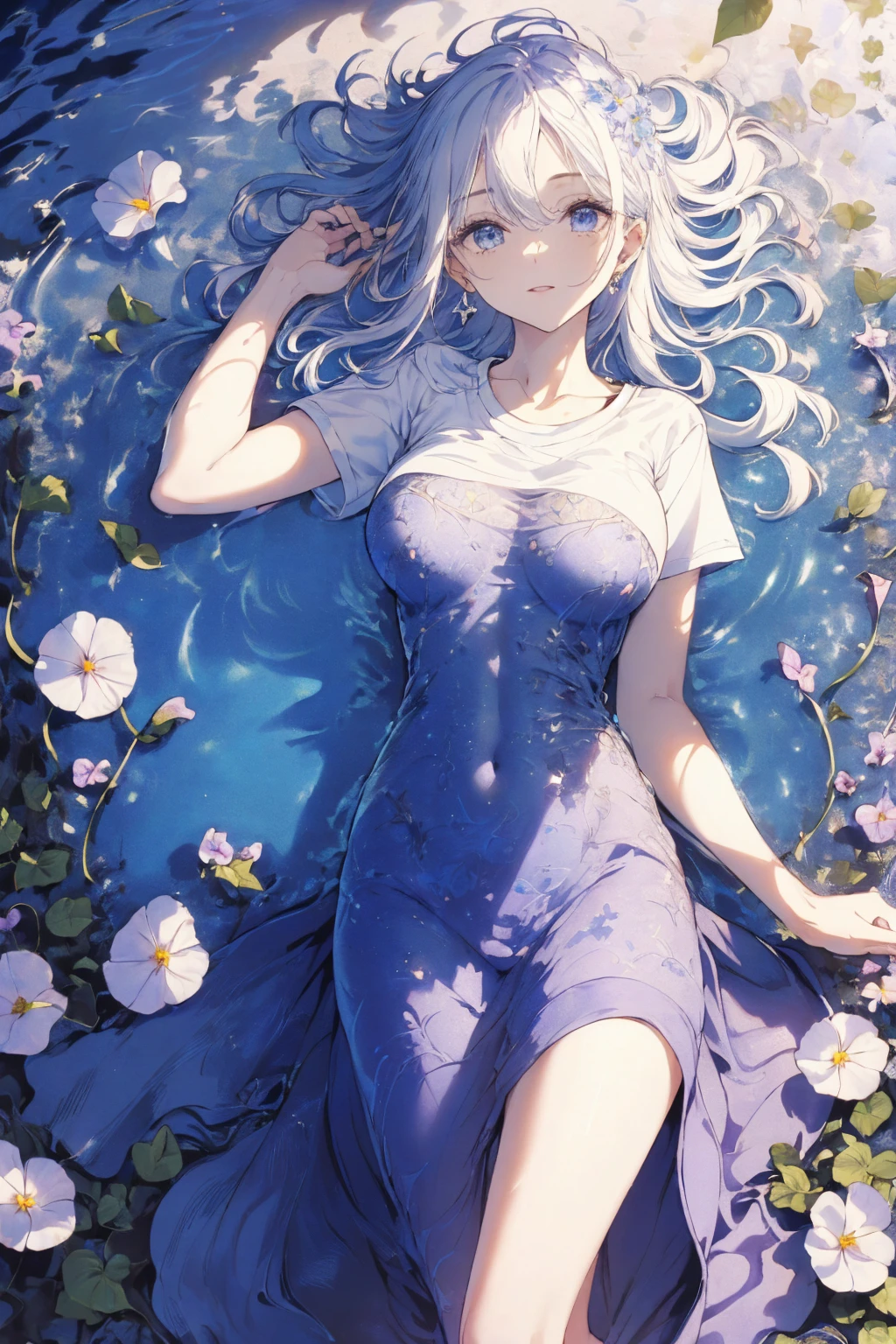 (water photo:1.1,simple t-shirt, in blue waterfront garden:1.5), Masterpiece, best quality, (very detailed CG unity 8k wallpaper), (best quality), High definition RAW color art, Animation,sculptures, (black Marble Skin), (((Ultra detailed elegant))), Magical atmosphere, Detailed skin, Texture,(Intricately detailed, Fine detail, ultra-detail art), depth of fields, bokeh, Silky Touch, Hyper Detail, beautiful eyes, Elegant Face, (lying on pastel white waterfront, morning glory), sparkle background, enormous breast:1.3, (silver hair), pastel purple, embarrassing smiley face, wide open udder