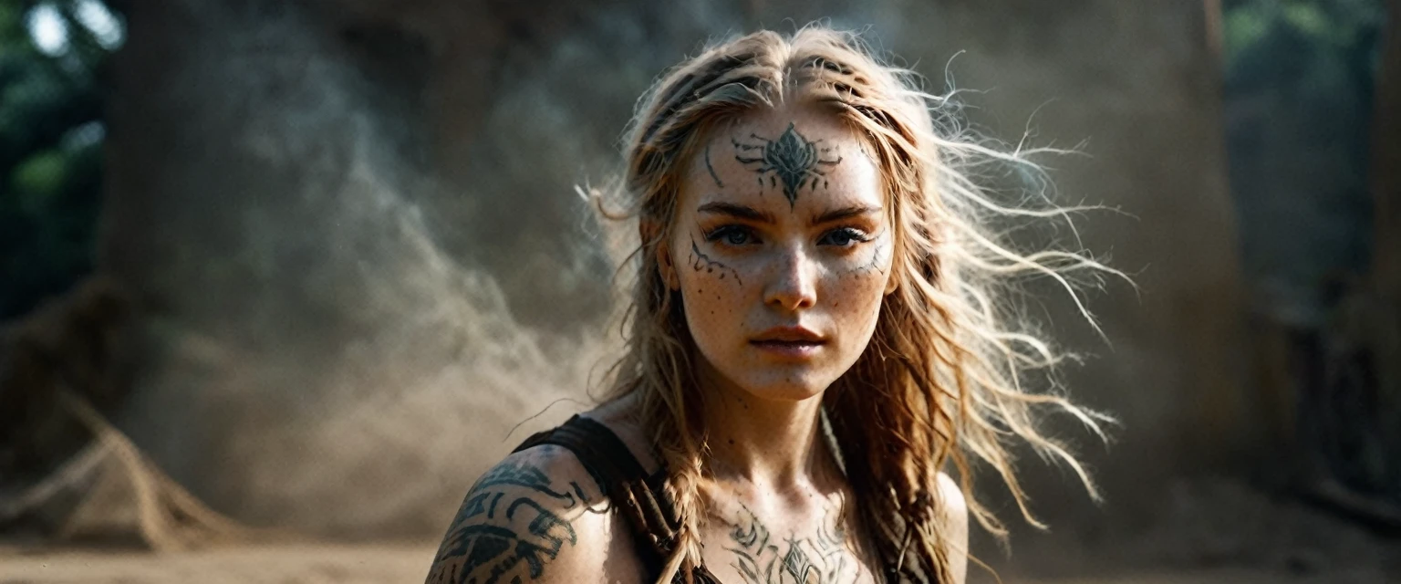 (best quality,highres,ultra-detailed), gritty and dusty image, model is intense, dust and darkness are in the air, close-up, 19 year old long haired ginger woman, hair is tightly braided and kept under a ceremonial warriors helmet, tattooed, detailed facial tattoos, shirtless, muscular, fully tattooed body, magical ritual, magical symbols, black magic, model is dusty, dark ambiance, intense lighting, mysterious atmosphere, low key image, model is almost angry, model looks to be drawing power and wants to hurt someone, tribal, powerful, supernatural, mystical, enchanted, griffin symbols, spiritual connection, ritualistic movements, mesmerizing, captivating, intense gaze, confident expression, dominant presence, dark color palette, contrast, dramatic shadows, intricate details, surreal, otherworldly, ethereal, magical energy, intense emotions, powerful aura, mystical transformation, evocative, haunting, immersive composition, arri alexa 65 anamorphic 2.4-1, 