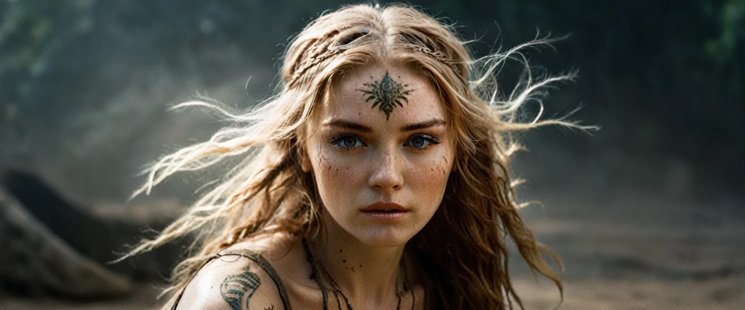 (best quality,highres,ultra-detailed), gritty and dusty image, model is intense, dust and darkness are in the air, close-up, 19 year old long haired ginger woman, hair is tightly braided and kept under a ceremonial warriors helmet, tattooed, detailed facial tattoos, shirtless, muscular, fully tattooed body, magical ritual, magical symbols, black magic, model is dusty, dark ambiance, intense lighting, mysterious atmosphere, low key image, model is almost angry, model looks to be drawing power and wants to hurt someone, tribal, powerful, supernatural, mystical, enchanted, griffin symbols, spiritual connection, ritualistic movements, mesmerizing, captivating, intense gaze, confident expression, dominant presence, dark color palette, contrast, dramatic shadows, intricate details, surreal, otherworldly, ethereal, magical energy, intense emotions, powerful aura, mystical transformation, evocative, haunting, immersive composition, arri alexa 65 anamorphic 2.4-1,