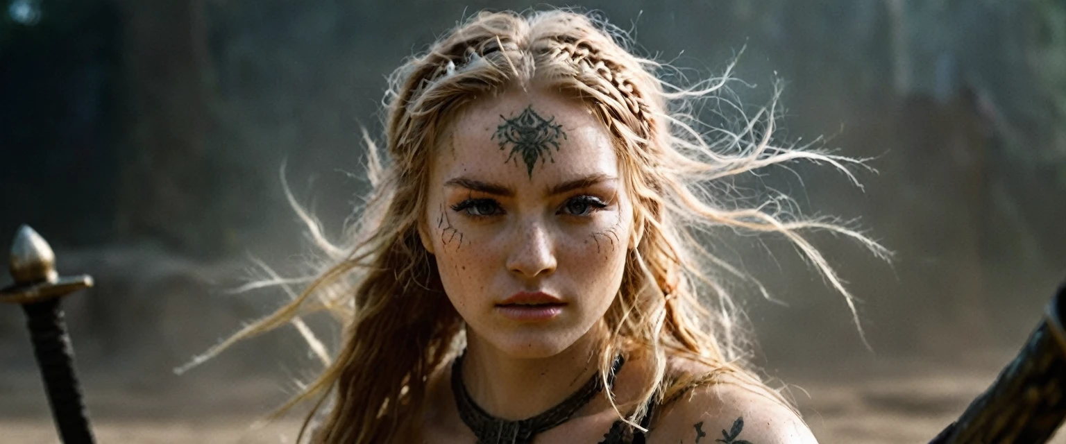 (best quality,highres,ultra-detailed), gritty and dusty image, model is intense, dust and darkness are in the air, close-up, 19 year old long haired ginger woman, hair is tightly braided and kept under a ceremonial warriors helmet, tattooed, detailed facial tattoos, shirtless, muscular, fully tattooed body, magical ritual, magical symbols, black magic, model is dusty, dark ambiance, intense lighting, mysterious atmosphere, low key image, model is almost angry, model looks to be drawing power and wants to hurt someone, tribal, powerful, supernatural, mystical, enchanted, griffin symbols, spiritual connection, ritualistic movements, mesmerizing, captivating, intense gaze, confident expression, dominant presence, dark color palette, contrast, dramatic shadows, intricate details, surreal, otherworldly, ethereal, magical energy, intense emotions, powerful aura, mystical transformation, evocative, haunting, immersive composition, arri alexa 65 anamorphic 2.4-1,
