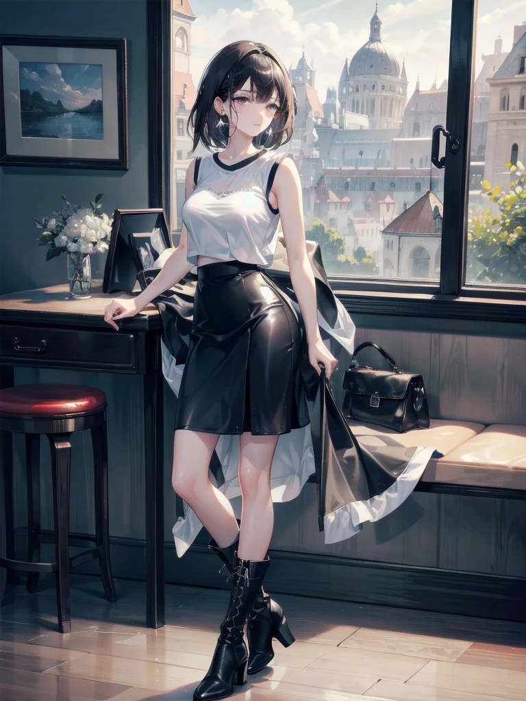 absurdres, RAW photo, extremely delicate and beautiful, masterpiece, Best Quality, ultra high resolution, 32k, hyperrealistic, ultra-detailed, delicate facial features, beautiful detailed woman, tearful mole, earring, medium breasts, full body shot, medium hair, black hair, t-shirt, (leather skirt), sleeveless, boots,