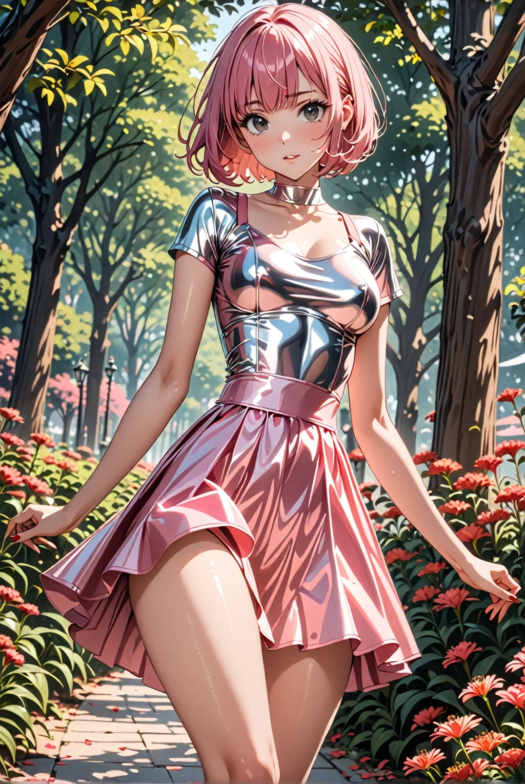 (High waist skirt, sexy dress), (solo), lycoris recoil, (1 cute girl), sexy, 25 years old, drooping eyes, (masterpiece:1.2), (best quality:1.2), (very aesthetic:1.2), (absurdres:1.2), (detailed background),newest,ai-generated, (((Pink hair, short hair, bob cut, black eyes))), (visible nipples:0.7), (camel toe:0.3), Cute face, medium_breasts, ((Thin thighs)), slender,Bright park, dynamic poses, Metallic Outfit,