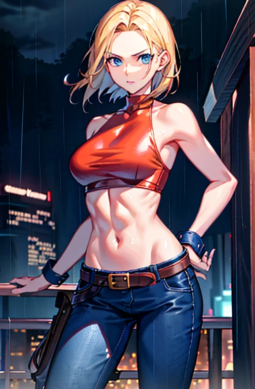 maryms, Best Quality,(beauty), 1girl,phisically-based render ,ultra highres,(cowboy shot:1.5),narrow waist, skinny, LeonaMS ,muscular, big blue eyes,long legs,jeans,leather belt,small breasts,puffy eyes, leather belt,(rainy city), shiny skin, facing viewer, Victory posture,