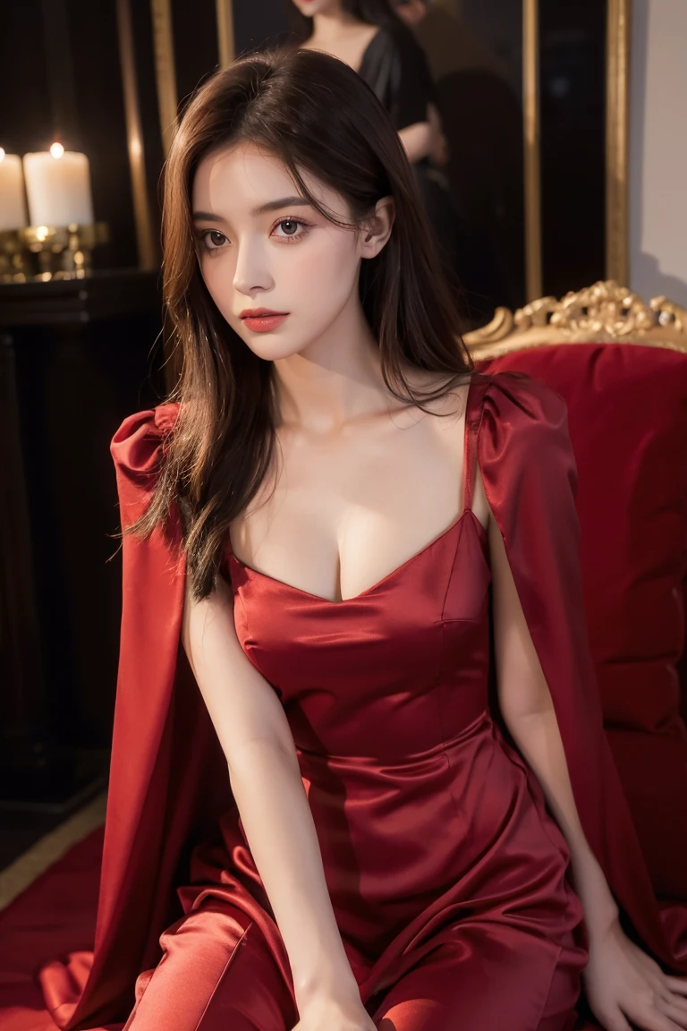 une jeune femme réaliste, très détaillée, brune claire aux cheveux longs, yeux marrons. Elle porte une robe de princesse rouge en satin. Elle porte aussi des longs gants en satin noirs ainsi qu'un ruban noir en satin autour de son cou. Elle est sur un throne, seule, avec un regard supérieur