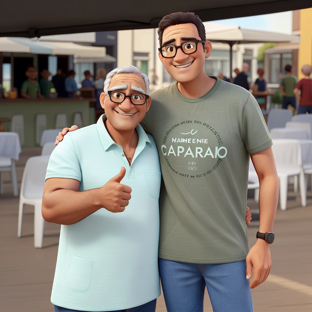 The image shows two smiling men posing together, with an outdoor event background. they are standing, next to each other, under an awning.
Character details:
1. man on the left:
- Age: Middle Age - Hair: Short in black, with few gray details - Skin: Clara - Glasses: With square dark frames - Clothing: Light green polo shirt - Expressão: Warm smile - Poses: giving a "like" with the right hand 2. Man on the Right:
- Age: Young Adult - Hair: Short and dark brown - Skin: Clara - Glasses: With round dark frames - Clothing: Olive green T-shirt with print "Caparaó Region" and light blue jeans - Expresso: Cheerful smile - Pose: Left arm around older man's shoulder Pixar Style:
- Characters with soft and expressive features, with big eyes and exaggerated features to give a lively and charming touch.
- Vibrant colors and soft lighting that convey a warm and happy atmosphere.