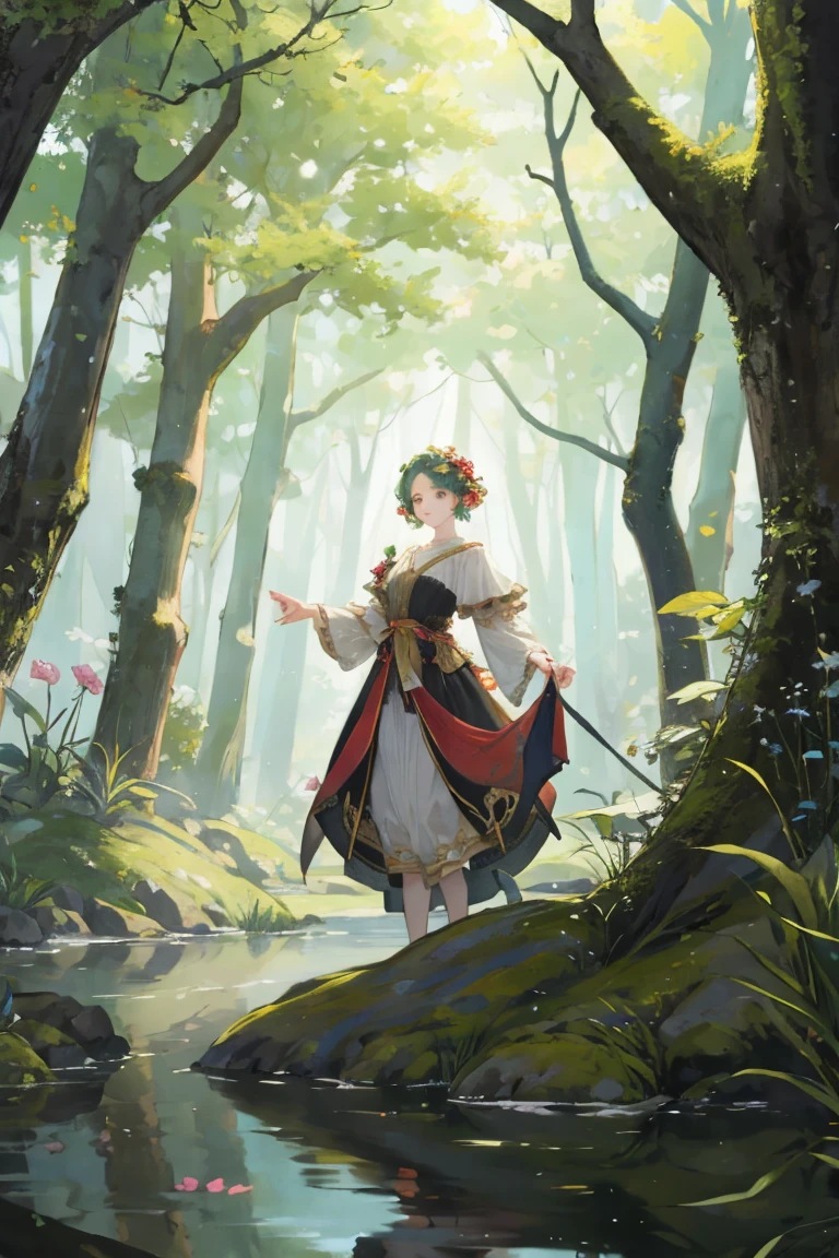 A spring in a fantasy forest, Hylas and the nymphs, 명화 'Hylas and the nymphs'의 판타지판, High drawing quality, Excellent appearance, woman taller than man