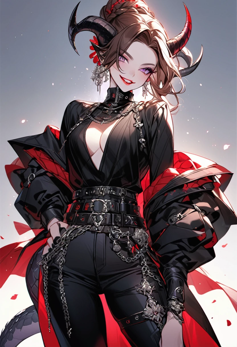 Tall woman, cheeky mad smile, brunette, hair gathered in a low bun, red and black clothes with open chest, purple eyes, dragon tail and horns, belts, pants, many details, light lipstick