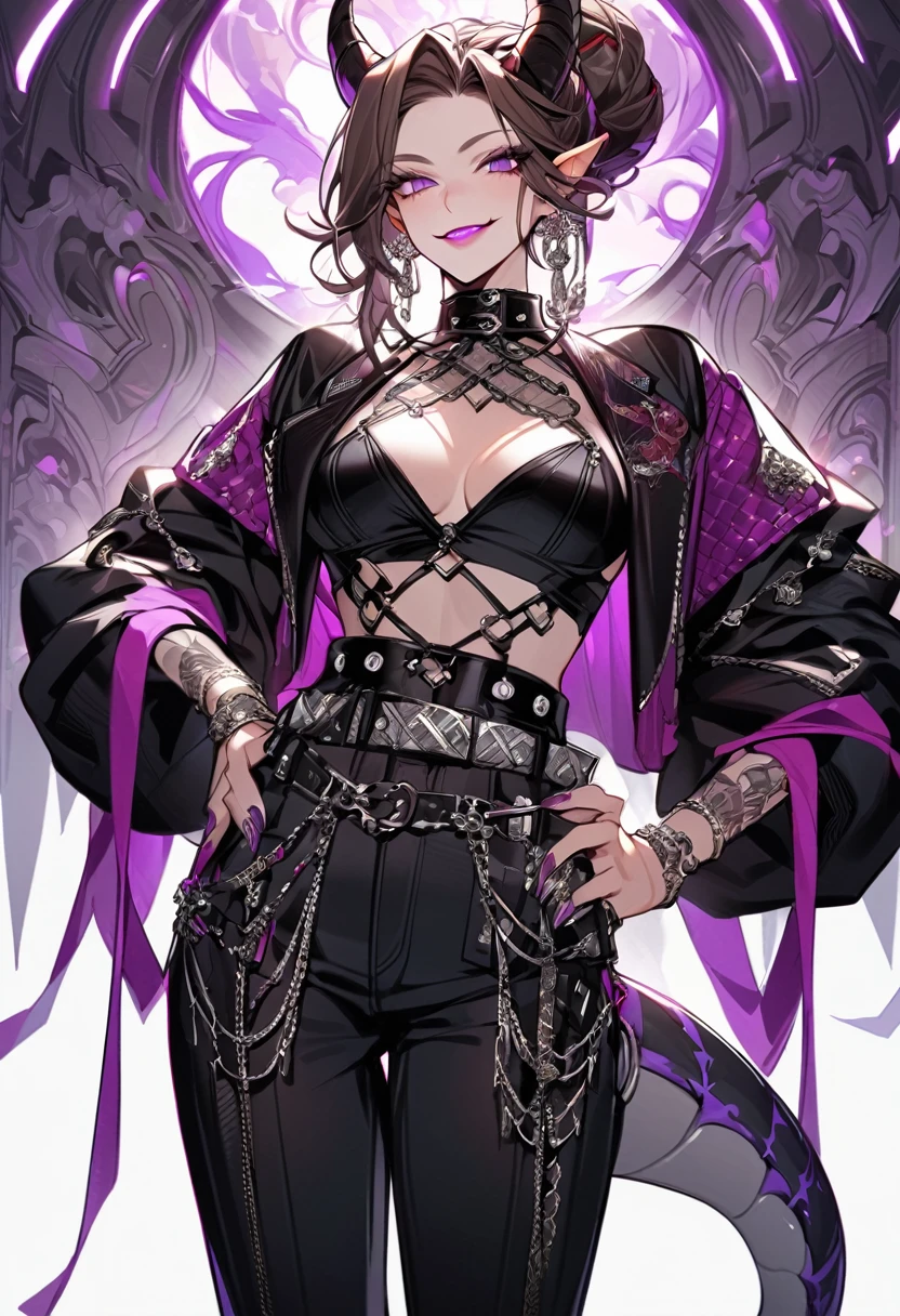 Tall woman, cheeky mad smile, brunette, hair gathered in a low bun, red and black clothes with open chest, purple eyes, dragon tail and horns, belts, pants, many details, light lipstick