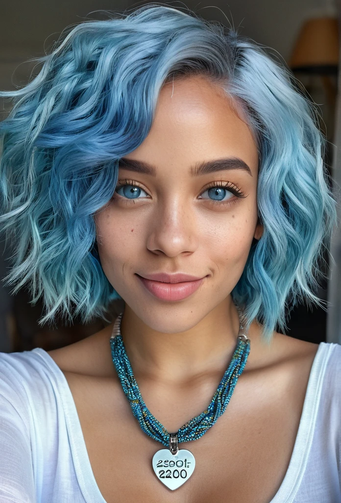 Smiling beautiful biracial woman with blue hair and light blue eyes, Wearing a necklace with written 2200 on it, extremely detailed facial features, beautiful detailed eyes, beautiful detailed lips, selfie portrait, photorealistic, ultra-detailed, 8k, highres, masterpiece, vivid colors, natural lighting, intricate details