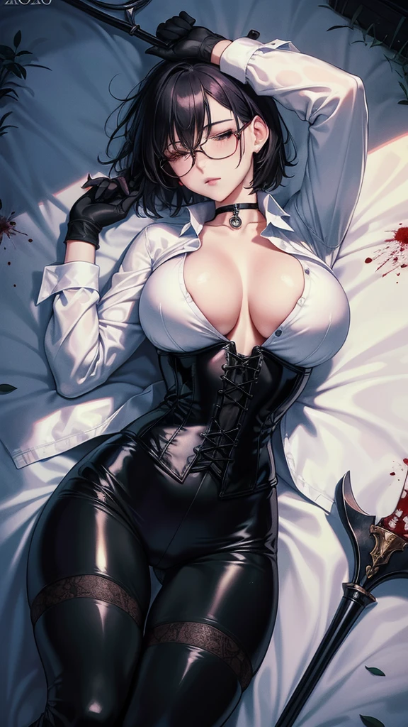 ((blood droplets)), ((blood)), ((blood splatter)), ((blood on clothes)), ((blood stain)), Masterpiece, Beautiful art, professional artist, 8k, art style by sciamano240, Very detailed face, Detailed clothing, detailed fabric, 1 girl, view from above, lying in the fetal position on the floor,  perfectly drawn body, legs open, (very big breasts), dead expression, lifeless, pale skin, beautiful face, short black hair, Closed eyes, pink cheeks, glasses, choker:1.6, (white collar button down long sleeve shirt), black gloves, gloves that cover hands, (holding an ax in his right hand), (black leather corset), (shiny black leggings), Sensual Lips , evening de invierno, Dark road, dark forest, evening, Atmosphere, fog