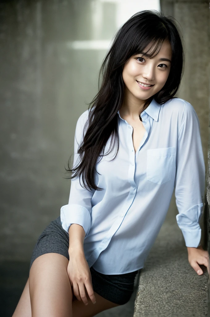(((One girl,alone))),(Highly realistic photos, High resolution, Detailed face, Beautiful Eyes) Japanese women, 21 years old, Cute face, alone:1, Nice body, Plump figure, Medium chest, ,Hairstyle, Very closely tied, Take a photo book,Dark Sky、darkness、Blade Runner,shirt、Leg spread,Healthy Body,smile