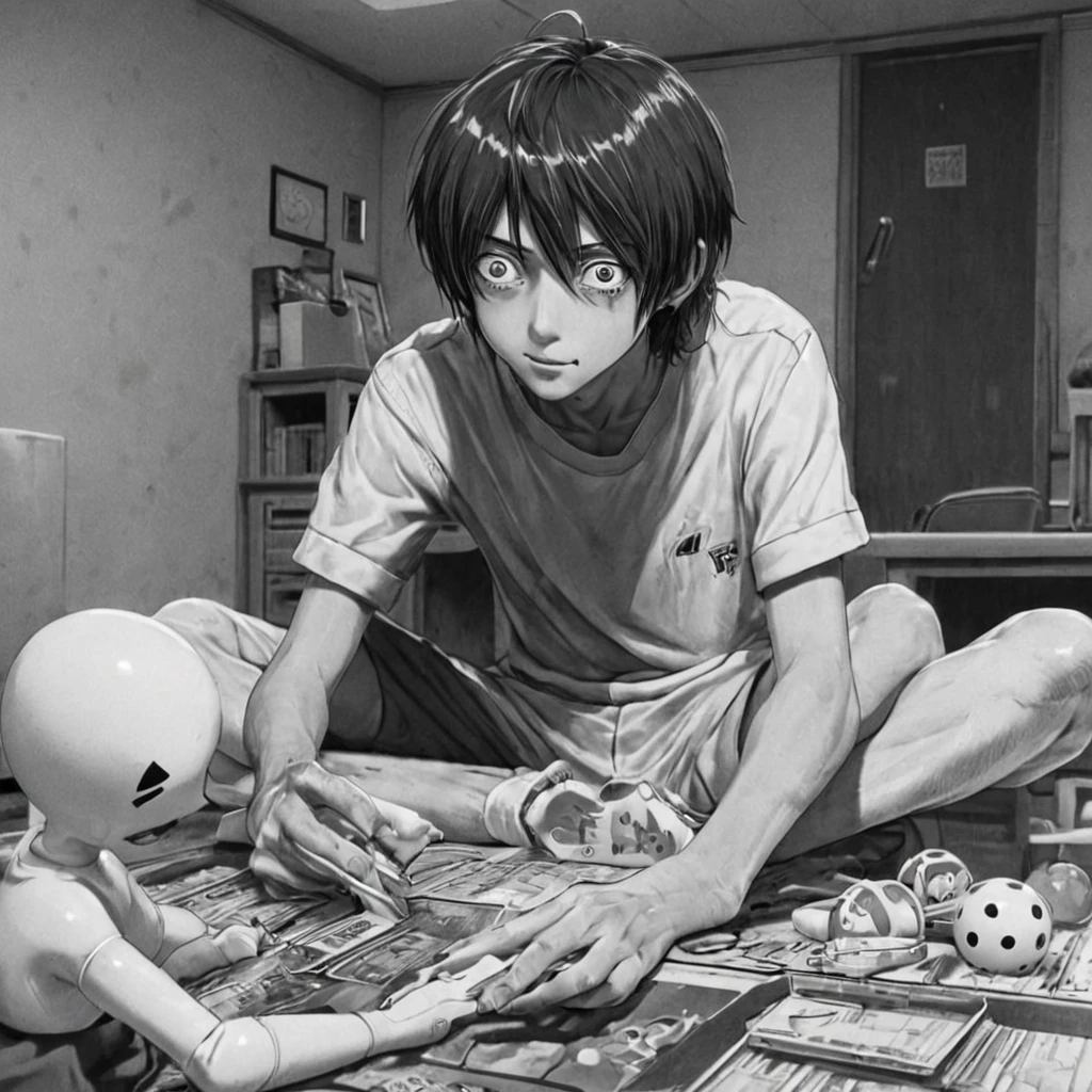 boy, white toys room (anime), bizarre scenario, This is Junji, Yusuke Murata, black and white, 8K, anime, horror