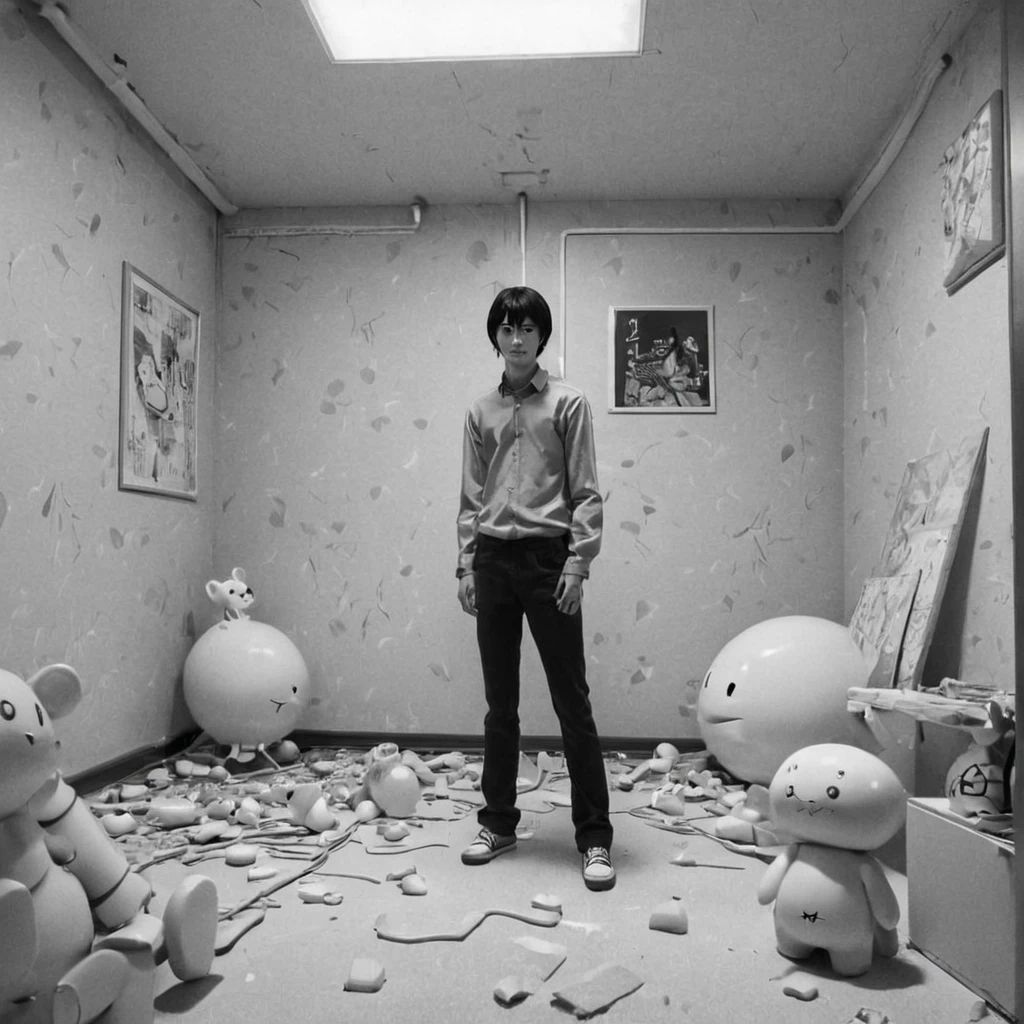 boy, white toys room (anime), bizarre scenario, This is Junji, Yusuke Murata, black and white, 8K, anime, horror
