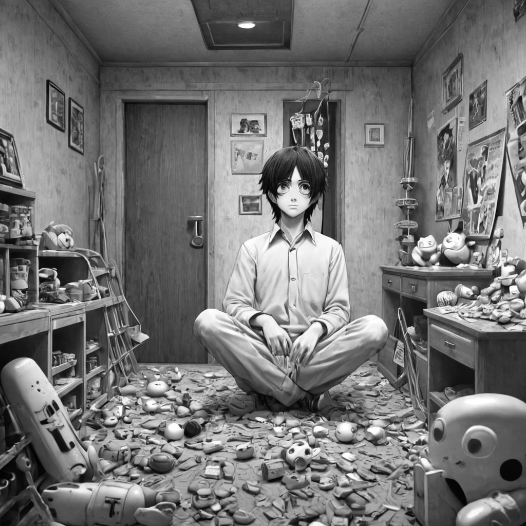 boy, white toys room (anime), bizarre scenario, This is Junji, Yusuke Murata, black and white, 8K, anime, horror