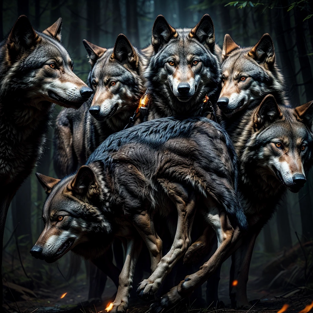 a pack of wolves surrounded the hero with a sword