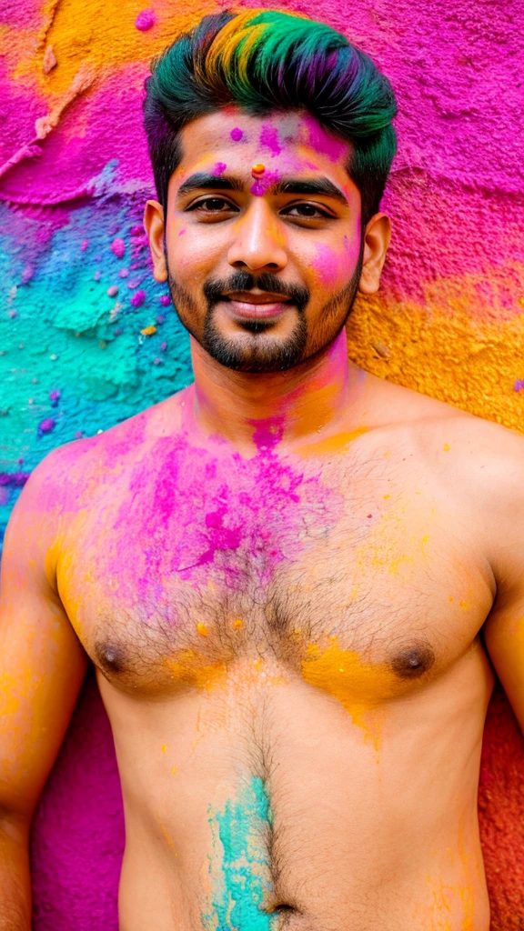 A sexy indian man wearing kurta, holi festival, beautiful background , nsfw, homoerotic , penis , handsome face, composed expression , detailed face