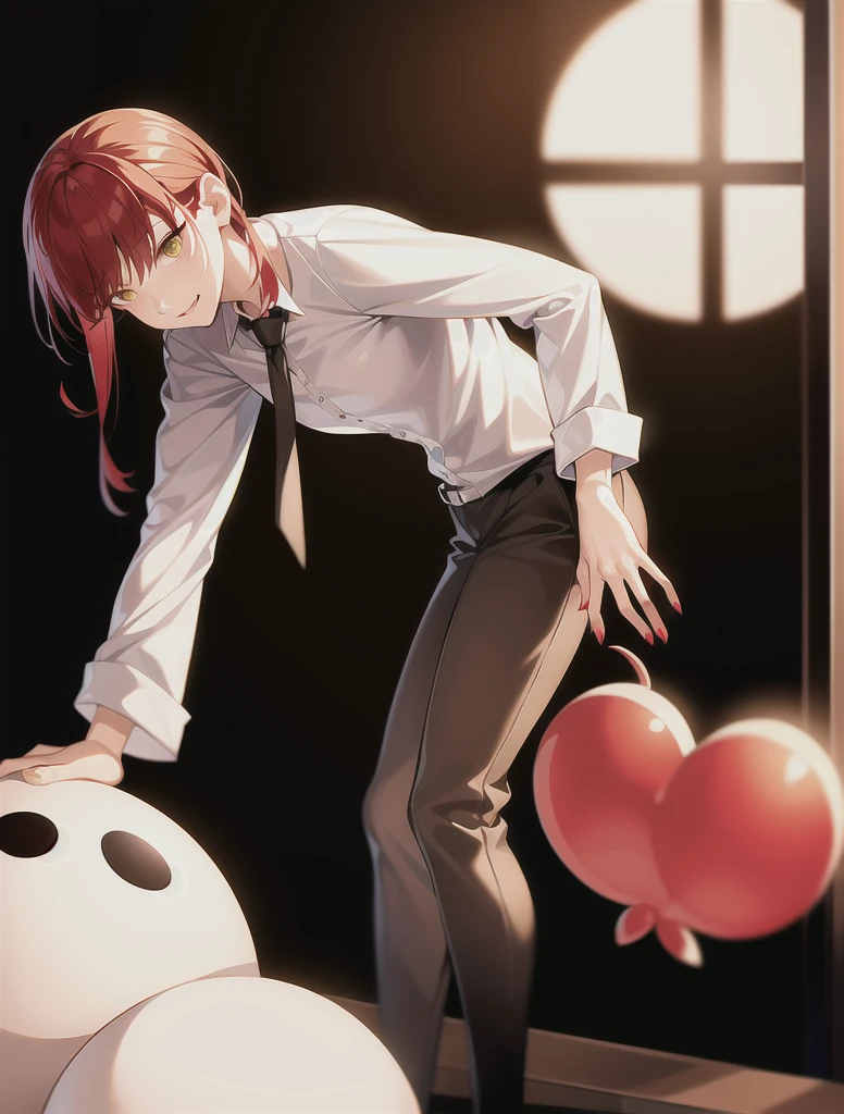 17-year-old person,Fine, shiny skin,Pretty girl, Are standing, Looking out the window, White shirt, Collared shirt, Black tie, Black trousers, Long sleeve, smile (Red nose), Yellow Eyes + The eyes are round, short hair + Redhead + Long braided hair, hand \(Chainsaw Man\)