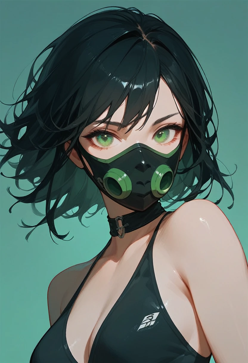 Girl, black hair, green eyes, wearing a mask