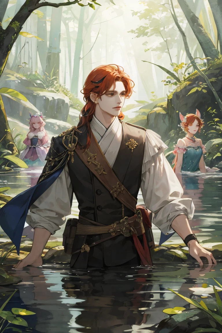 A spring in a fantasy forest, Hylas and the nymphs, 명화 'Hylas and the nymphs'의 판타지판, High drawing quality, Excellent appearance, There are a total of 7 characters, 6 women and 1 man., woman taller than man
