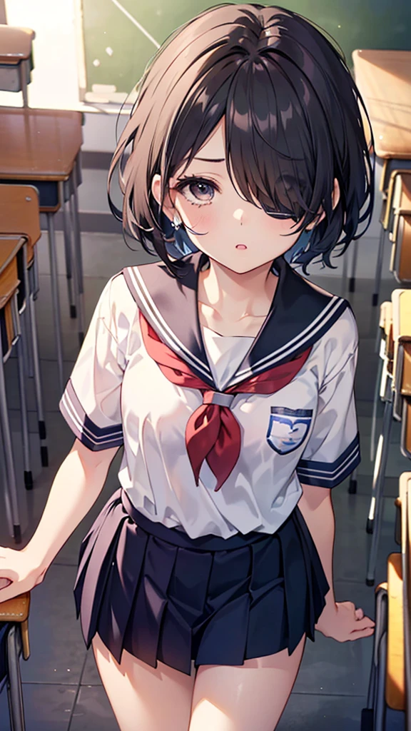 1 Girl, , 超High resolution, retina, masterpiece, Accurate, Anatomically correct, , Very detailedな, Advanced Details, high quality, Awards, 最high quality, High resolution, High resolution, 4K,(anime,8K,masterpiece, 最high quality, 最high quality,beautifully、beautiful:1.2,Professional Illustration:1.1,Very detailedな:1.3,Perfect lighting),Very detailed,Most detailed,High resolution,,spoken heart、(Both hands touch the back of the head)、Cleavage、Looking up、Angry、little eye、Embarrassing,(Small breasts:1.1)、Tears、(Black Hair),(Hair on one eye:1.8),(Very short hair),classroom,(school uniform:1.9),Sailor suit,puppet,Round eyes,(Kisses are coming:1.5),(Focus on the face:1.5),(Cowboy Shot:1.5),(From above:1.2),