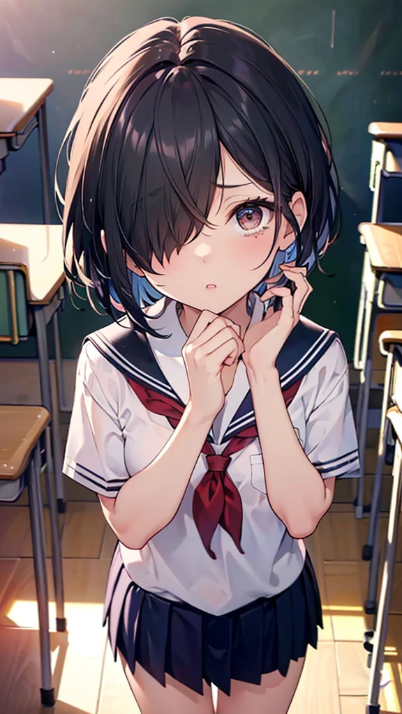 1 Girl, , 超High resolution, retina, masterpiece, Accurate, Anatomically correct, , Very detailedな, Advanced Details, high quality, Awards, 最high quality, High resolution, High resolution, 4K,(anime,8K,masterpiece, 最high quality, 最high quality,beautifully、beautiful:1.2,Professional Illustration:1.1,Very detailedな:1.3,Perfect lighting),Very detailed,Most detailed,High resolution,，spoken heart、(Both hands touch the back of the head)、Cleavage、Looking up、Angry、little eye、Embarrassing，(Small breasts:1.1)、Tears、(Black Hair)，(Hair on one eye:1.8)，(Very short hair)，classroom，(school uniform:1.9)，Sailor suit，puppet，Round eyes，(Kisses are coming:1.5)，(Focus on the face:1.5)，(Cowboy Shot:1.5)，(From above:1.2)，