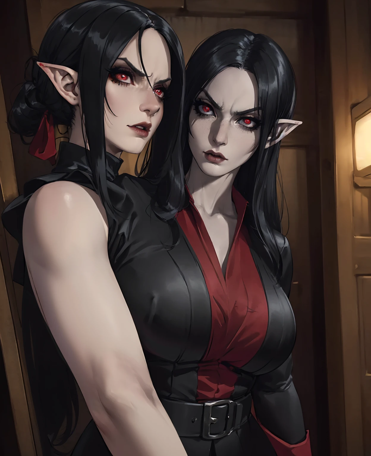 a devilish woman, black hair, pale skin, red eyes, elf-like costume, dark mysterious setting, dungeon, naked, intricate details, cinematic lighting, moody atmosphere, high contrast, dramatic shadows, gritty realism, dark fantasy, (best quality,4k,8k,highres,masterpiece:1.2),ultra-detailed,(realistic,photorealistic,photo-realistic:1.37)