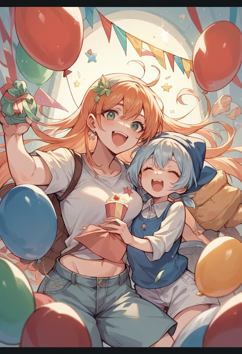 Make a picture of the characters from the game Grand Chase, Elesis, Lire, Arme and Mary celebrating a birthday