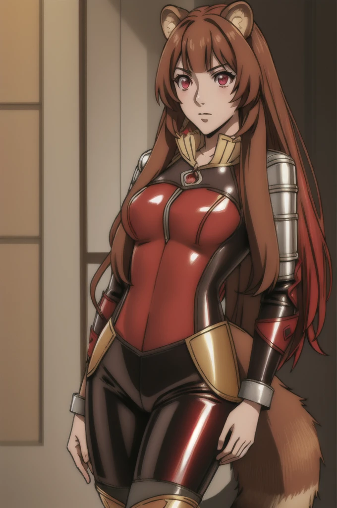 (masterpiece, best quality), intricate details,
1girl, raphtalia, animal ears, brown hair, long hair, raccoon ears, raccoon girl, raccoon tail, (red eyes:1.5), tail,
latex bikesuit,