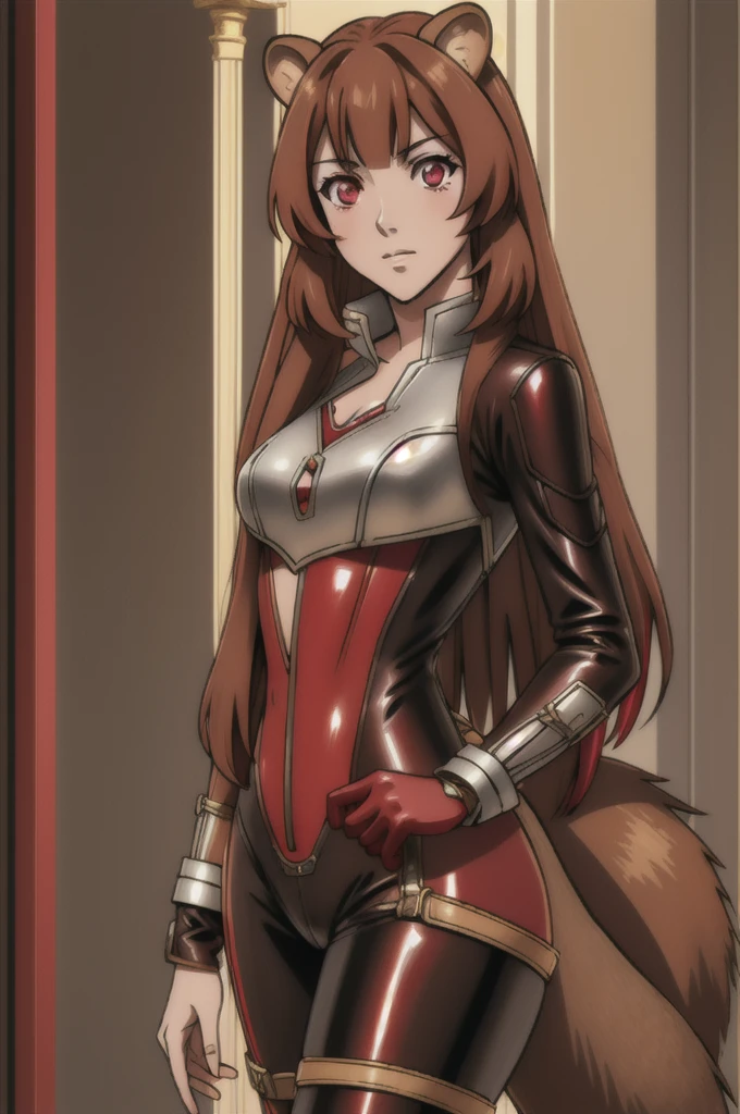 (masterpiece, best quality), intricate details,
1girl, raphtalia, animal ears, brown hair, long hair, raccoon ears, raccoon girl, raccoon tail, (red eyes:1.5), tail,
latex bikesuit,
